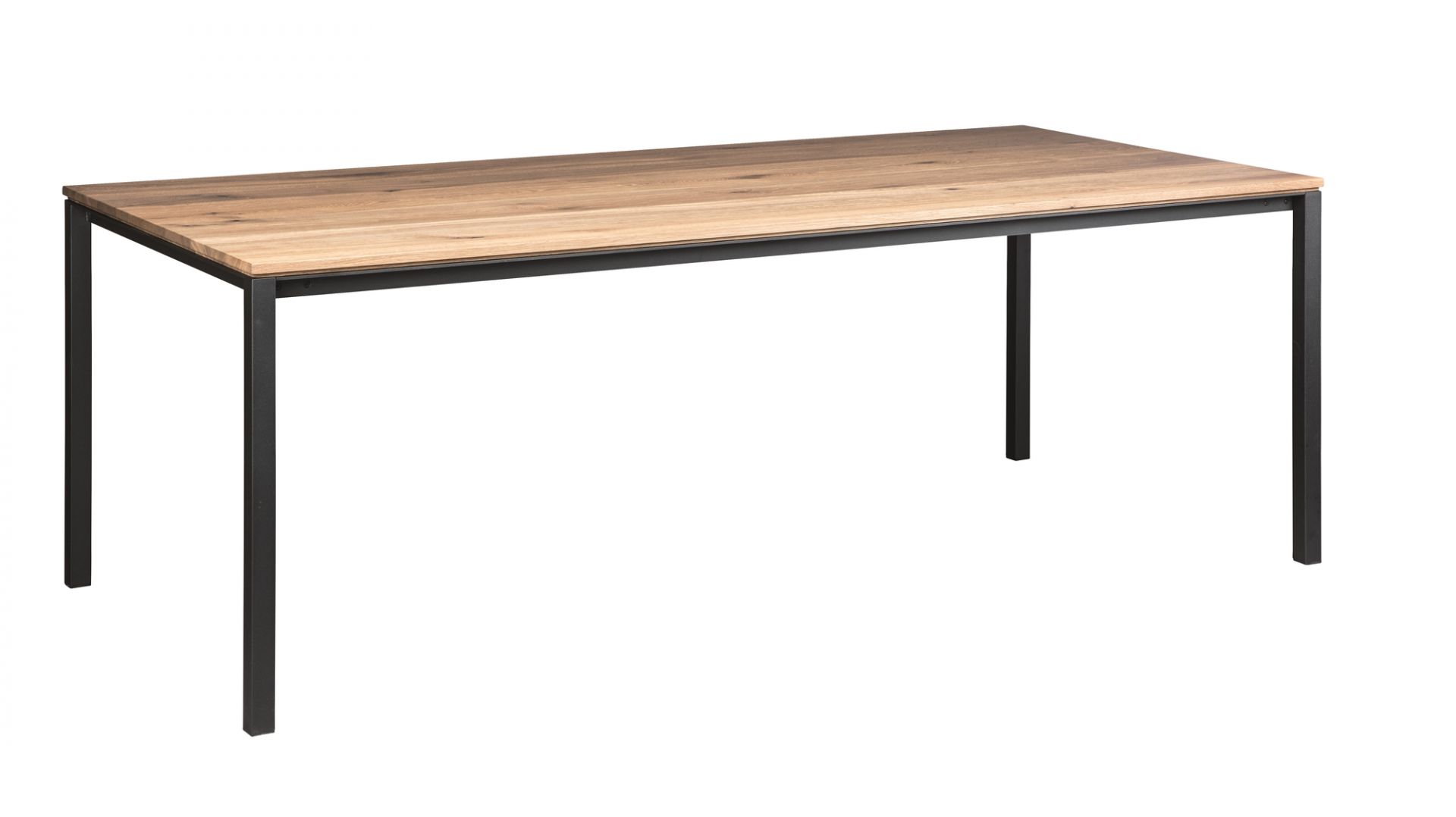 Janua S 600 Tisch mit Eichenplatte und schwarzem Stahlgestell, moderner Esstisch.